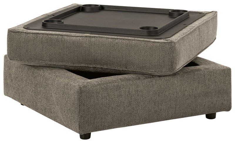 Putty storage ottoman with open lid, tray, and hidden storage compartment