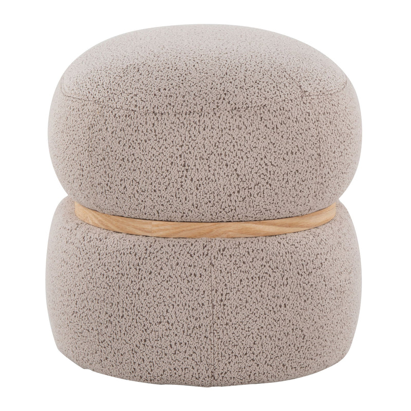 Light gray textured pouf ottoman with wood ring detail and compact round form