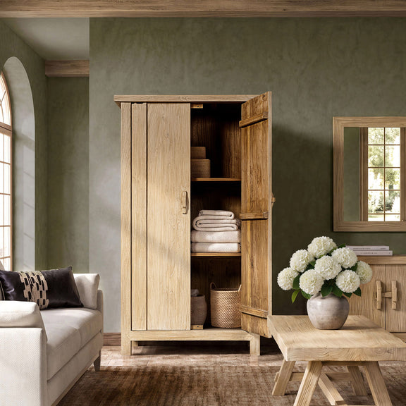 Light natural brown storage cabinet with open doors, interior shelves, and lower storage space