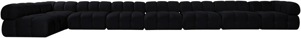 Black velvet L-shaped sectional sofa, top side view of cushion segments