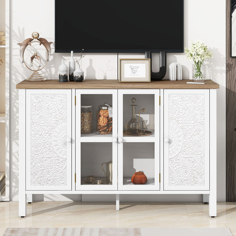 Retro TV Stand For TVs Up To 43", Entertainment Center Media Console Cabinet With 3 Spacious Cabinets, Glass Cabinet Doors And Anti-Tip Device For Living Room - White