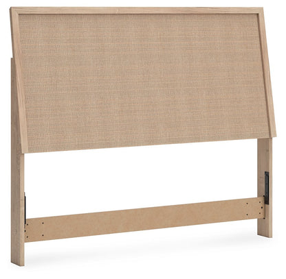 Beige woven panel headboard with light wood frame and two-tone base rail