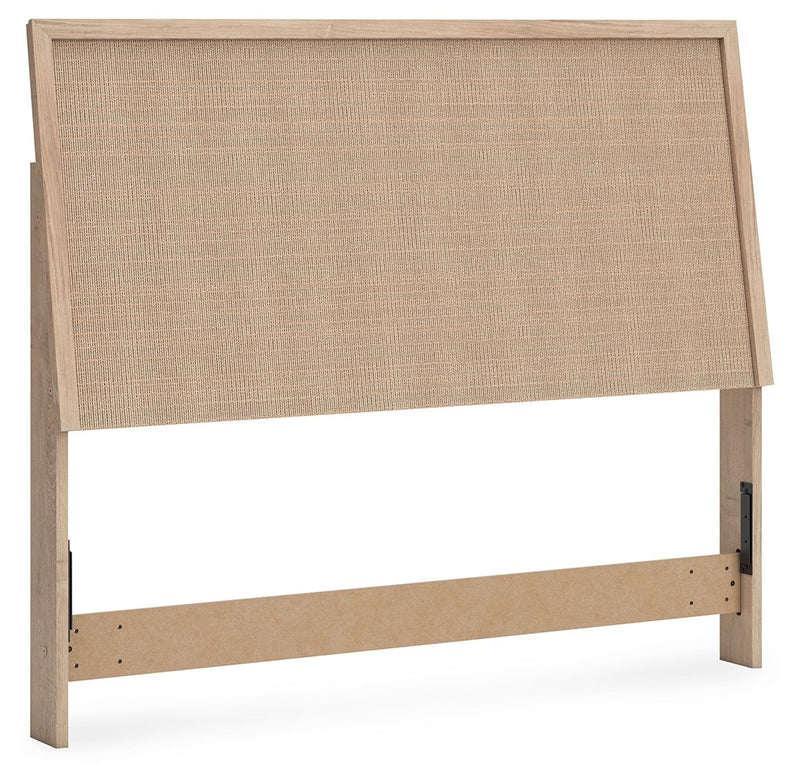 Beige woven panel headboard with light wood frame and two-tone base rail