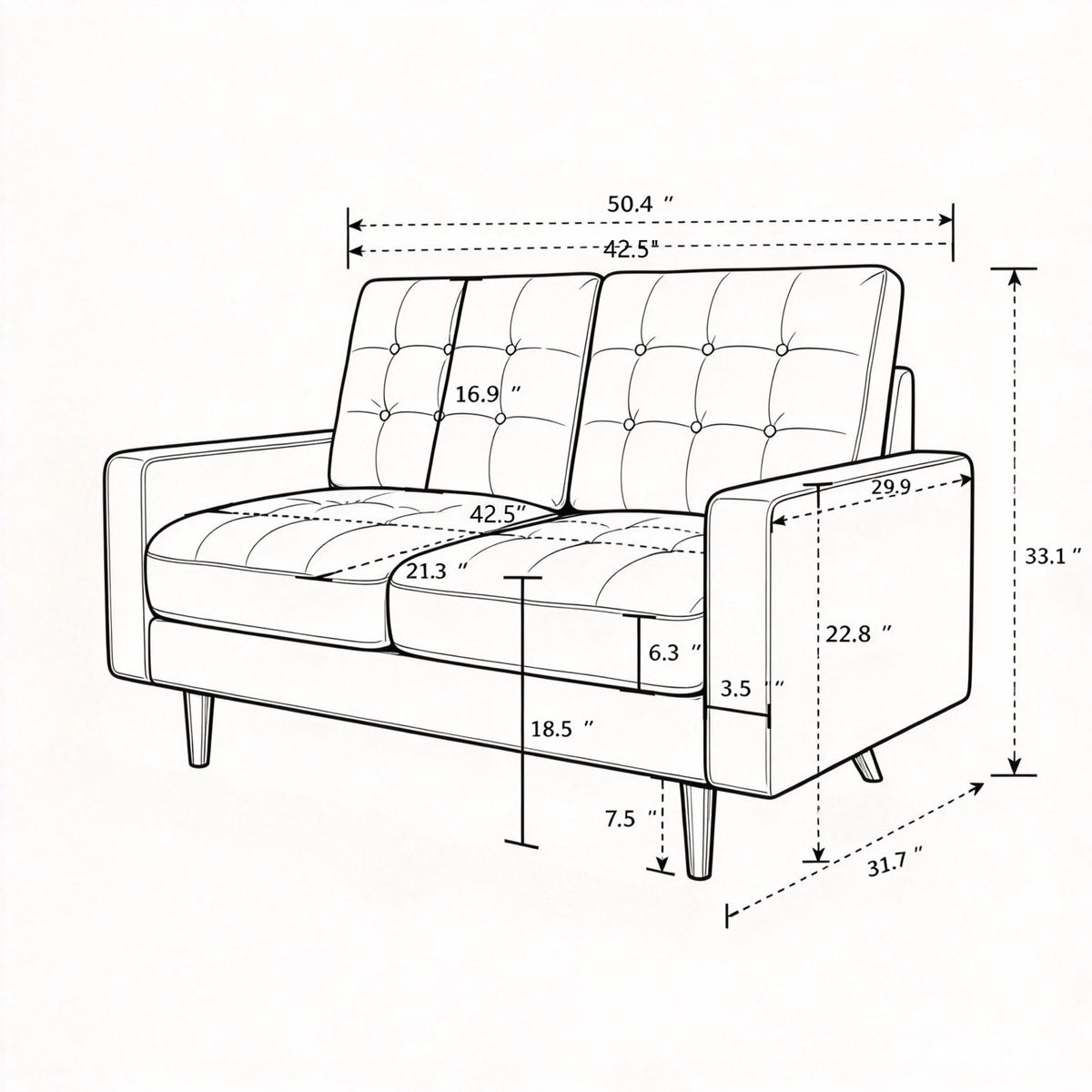 Loveseat sofa dimension diagram with seat, arm, and back measurements