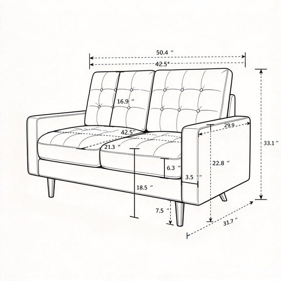 Loveseat sofa dimension diagram with seat, arm, and back measurements