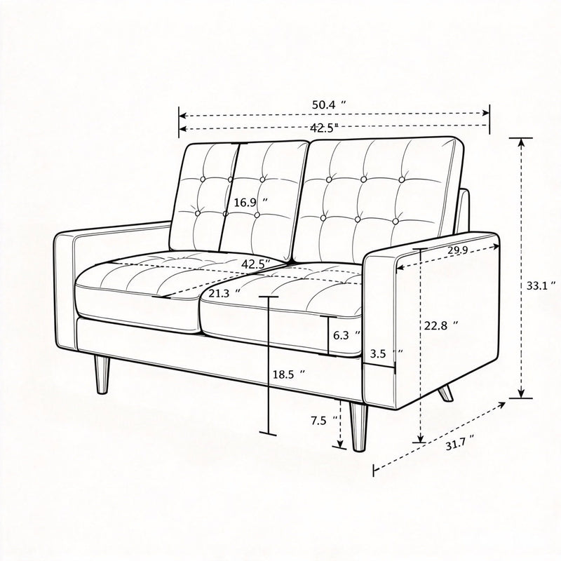 Loveseat sofa dimension diagram with seat, arm, and back measurements