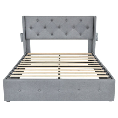 Gray upholstered platform bed with tufted headboard, slatted base, and lift-up storage