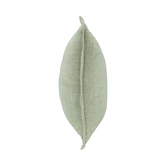 Mint green pillow side view showing seam line and linen-like texture