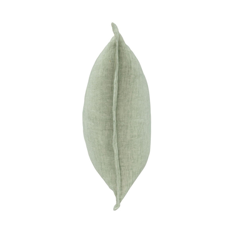 Mint green pillow side view showing seam line and linen-like texture