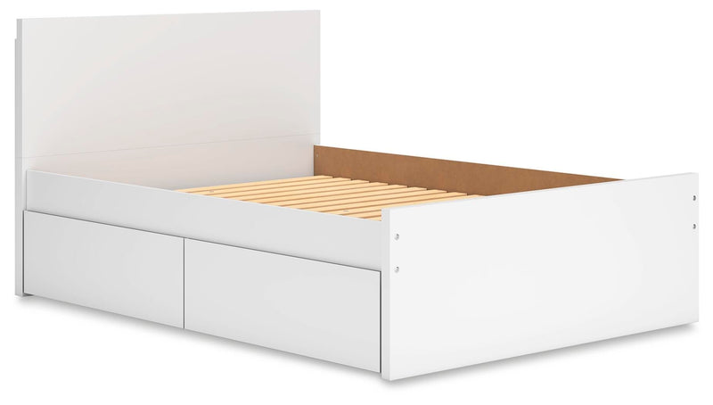 White panel platform bed with slatted base and single front storage drawer