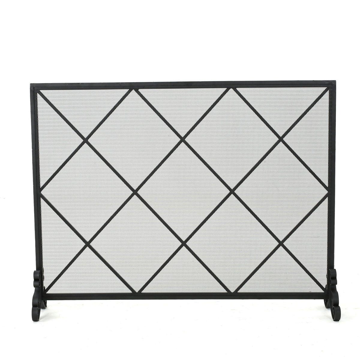 Black iron fireplace screen with diamond mesh pattern and hinged feet