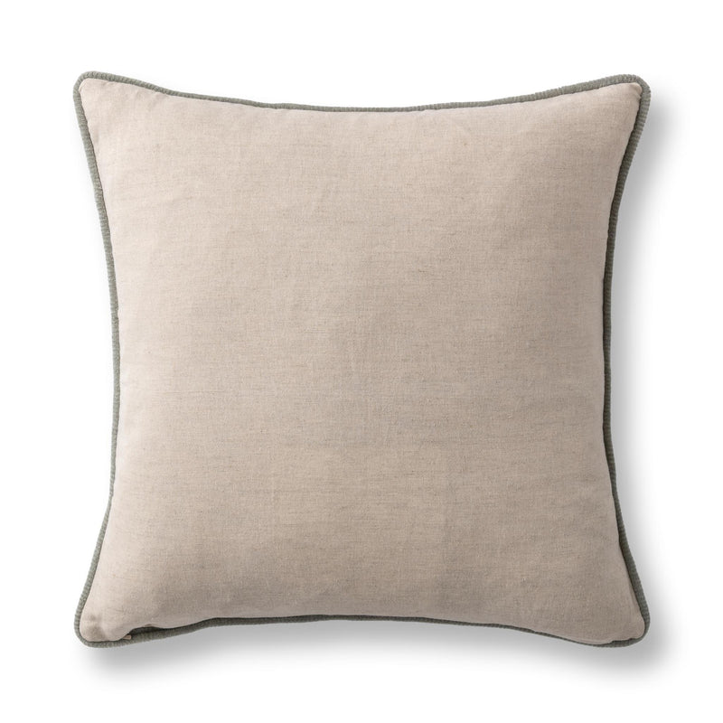 Light beige accent pillow with gray corded edge, square shape, textured cover