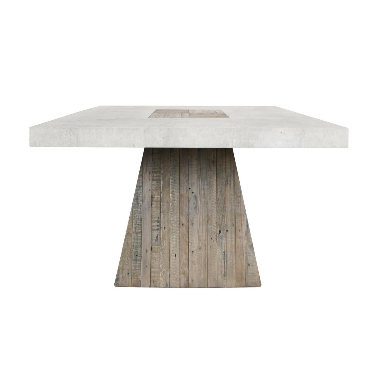 Dining table with antique white round-edged top and tapered wood pedestal