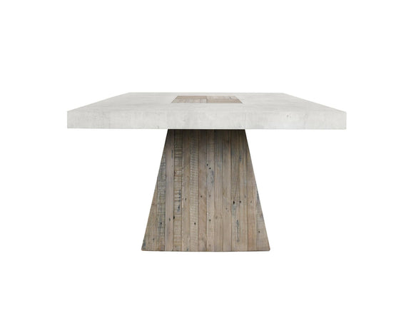 Dining table with antique white round-edged top and tapered wood pedestal
