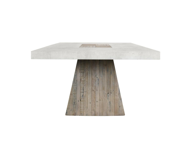 Dining table with antique white round-edged top and tapered wood pedestal