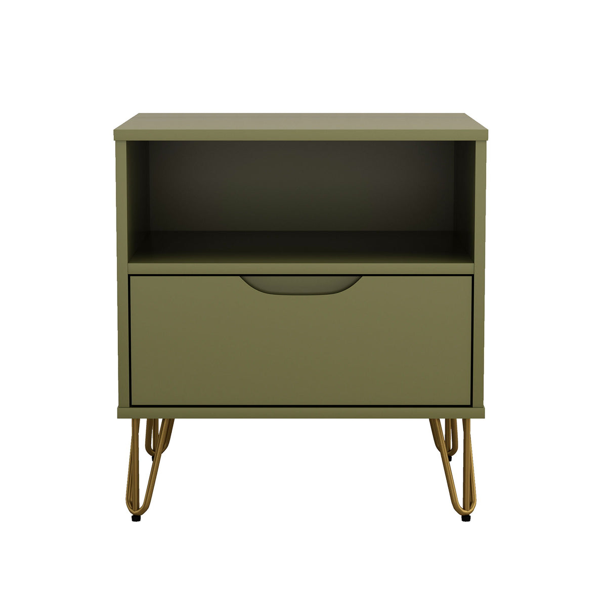 Green nightstand with open shelf, single drawer, curved pull, tapered legs