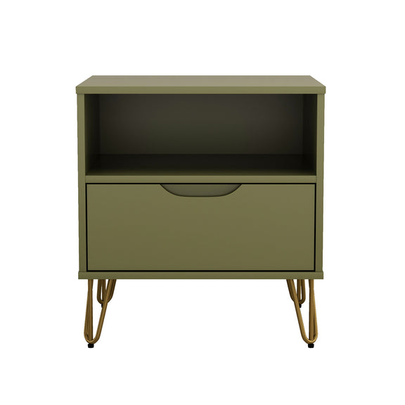 Green nightstand with open shelf, single drawer, curved pull, tapered legs