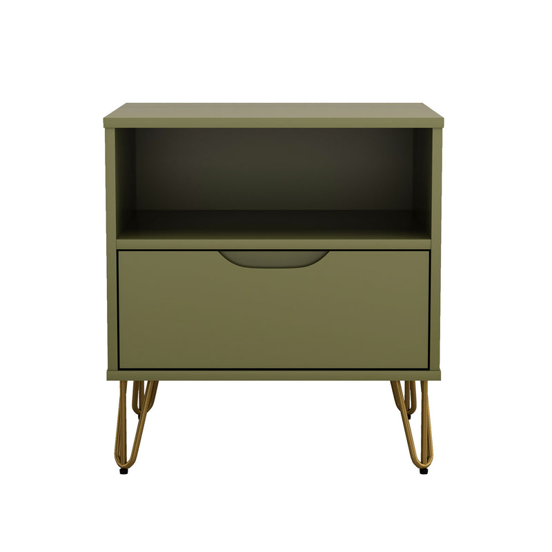 Green nightstand with open shelf, single drawer, curved pull, tapered legs
