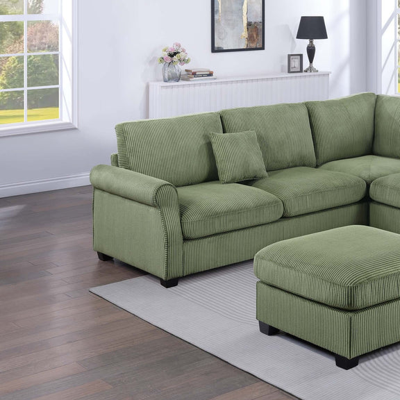 Sage green sectional sofa with coordinating ottoman, ribbed upholstery fabric