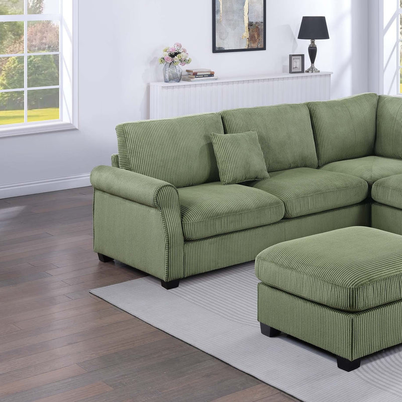 Sage green sectional sofa with coordinating ottoman, ribbed upholstery fabric