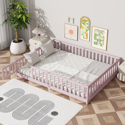 Queen Size Floor Bed with Fence, Door, Rubber Wood Floor Bed with Safety Guardrails, Pink