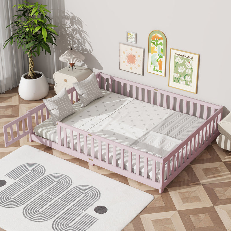 Queen Size Floor Bed with Fence, Door, Rubber Wood Floor Bed with Safety Guardrails, Pink