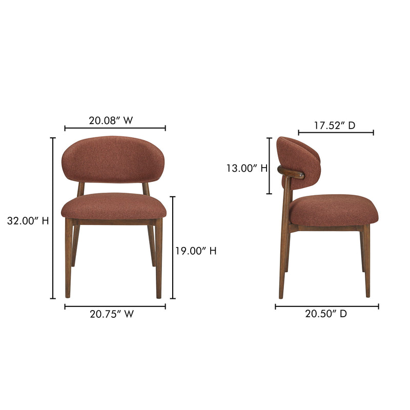 Rust dining chair with rounded back and seat, side profile view, wooden legs
