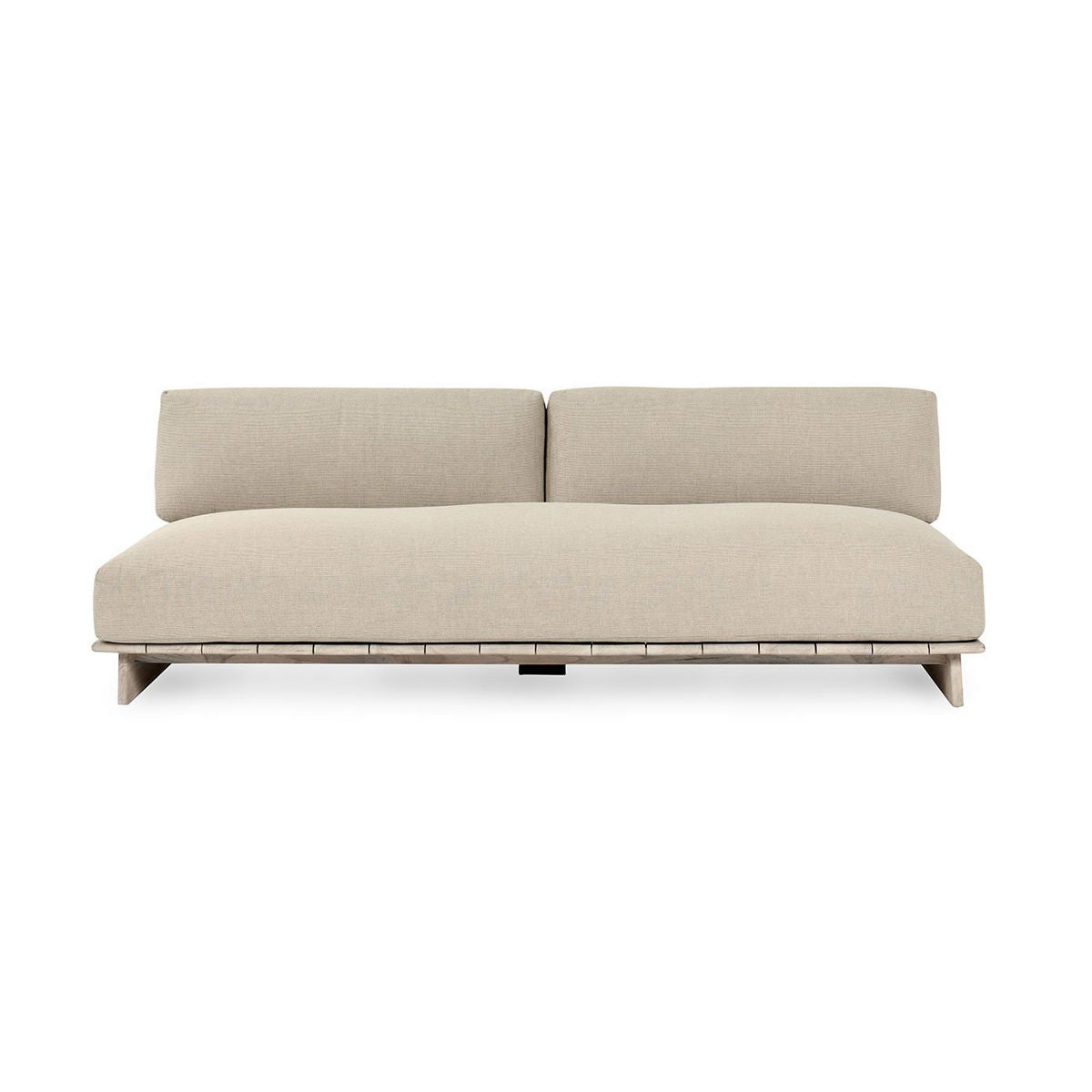 Outdoor sofa with taupe cushions and light teak frame, straight bench style