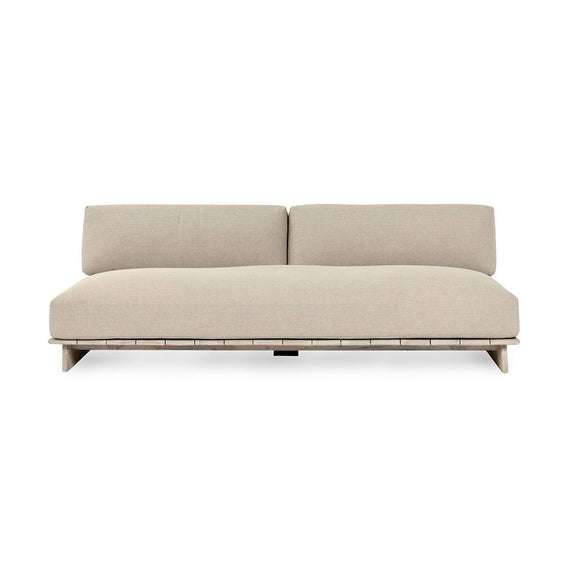 Outdoor sofa with taupe cushions and light teak frame, straight bench style