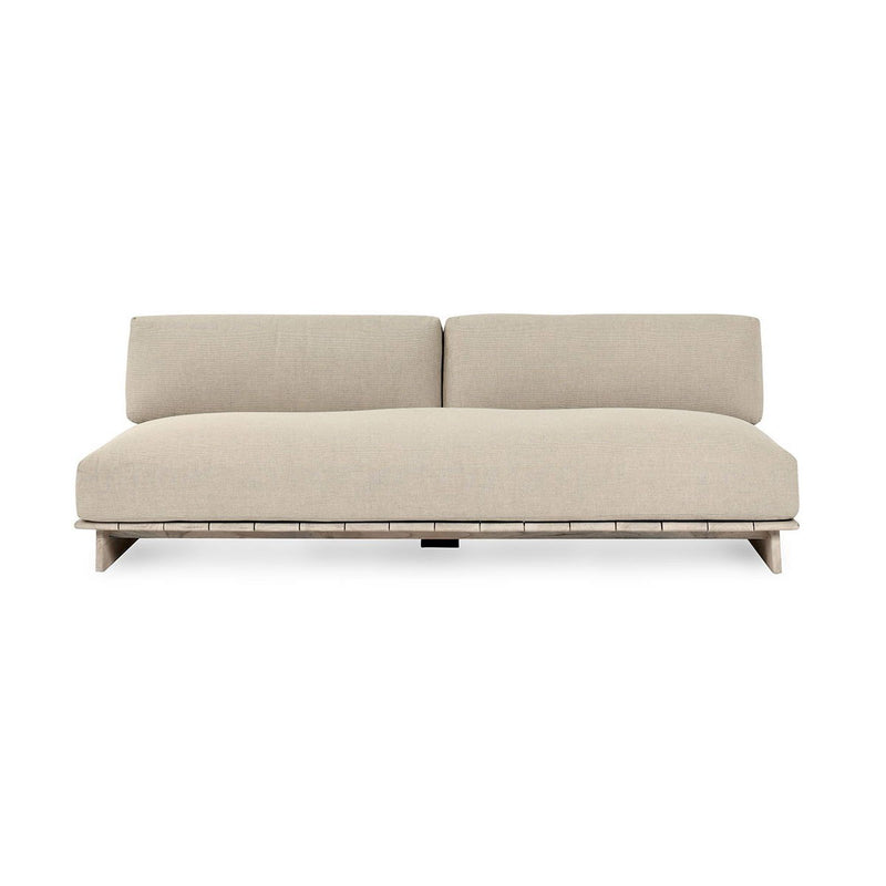 Outdoor sofa with taupe cushions and light teak frame, straight bench style