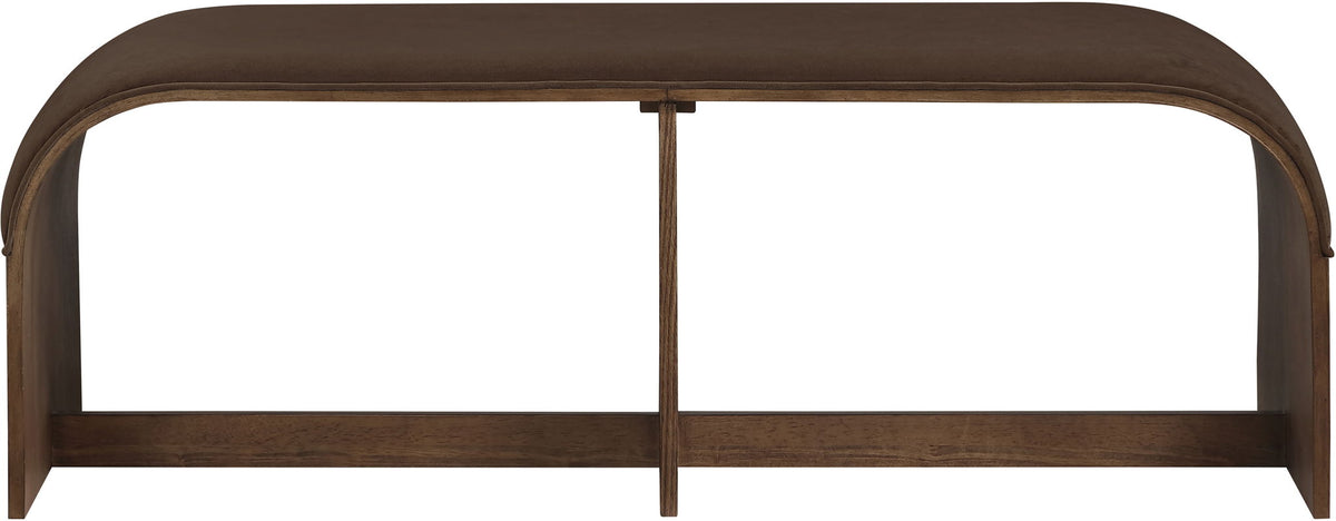 Dark brown velvet upholstered bench with squared wooden legs and curved top arms