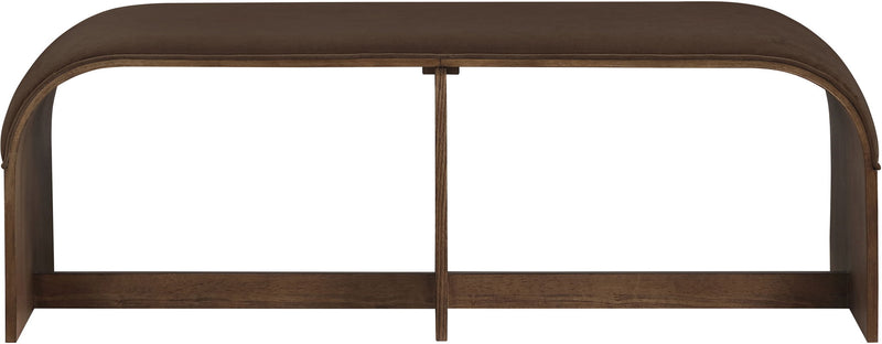 Dark brown velvet upholstered bench with squared wooden legs and curved top arms