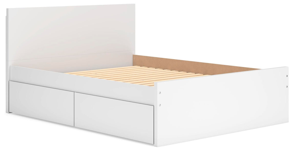 White panel platform bed with slatted base and two front storage drawers