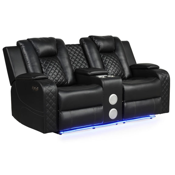 Black power reclining loveseat with quilted panels and blue LED light strip