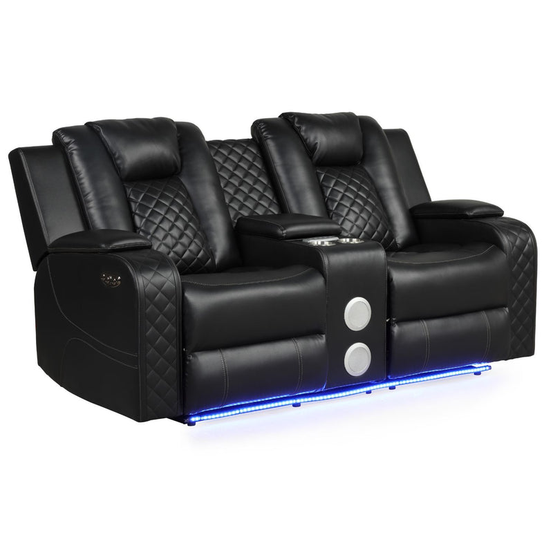 Black power reclining loveseat with quilted panels and blue LED light strip