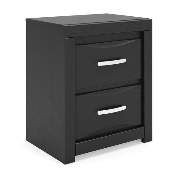 Black two-drawer nightstand with two silver bar handles and squared legs.