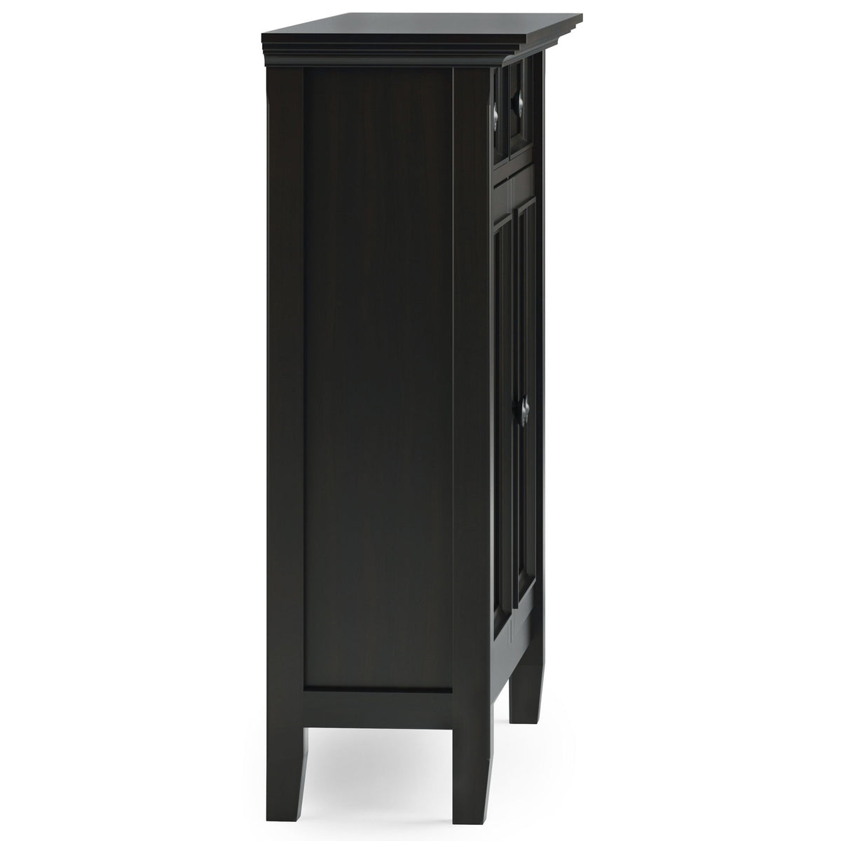 Amherst entryway cabinet shown from the side, with a paneled side and raised top