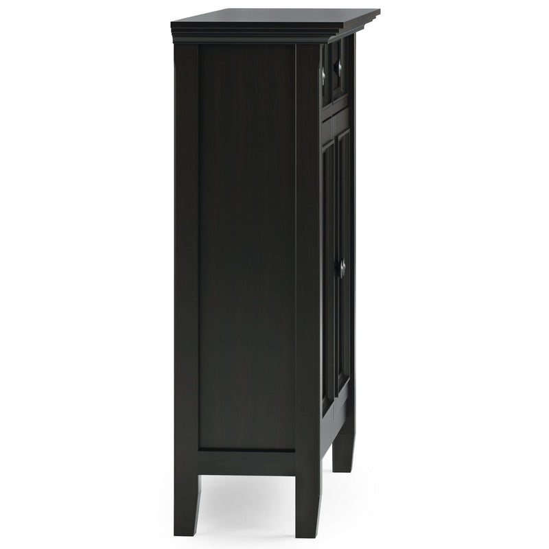 Amherst entryway cabinet shown from the side, with a paneled side and raised top