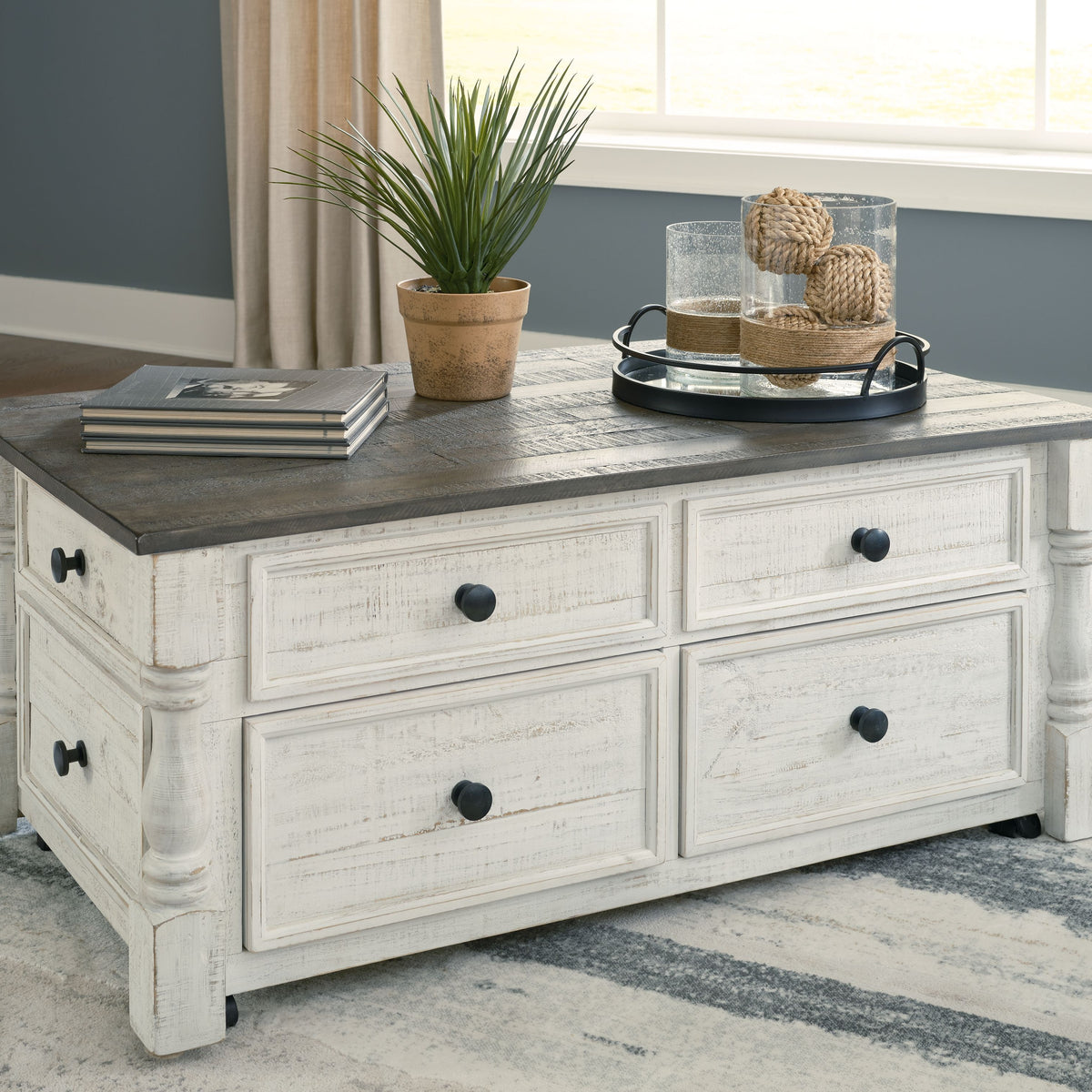 Havalance - Lift Top Cocktail Table with Storage Drawers - White / Gray
