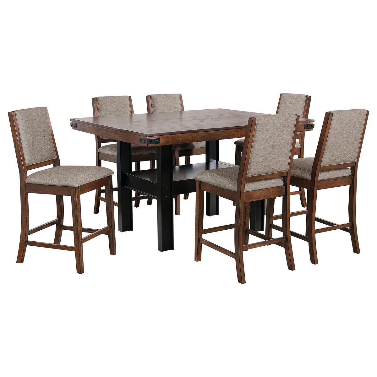 Counter-height dining set with dark brown rectangular table and four beige upholstered chairs