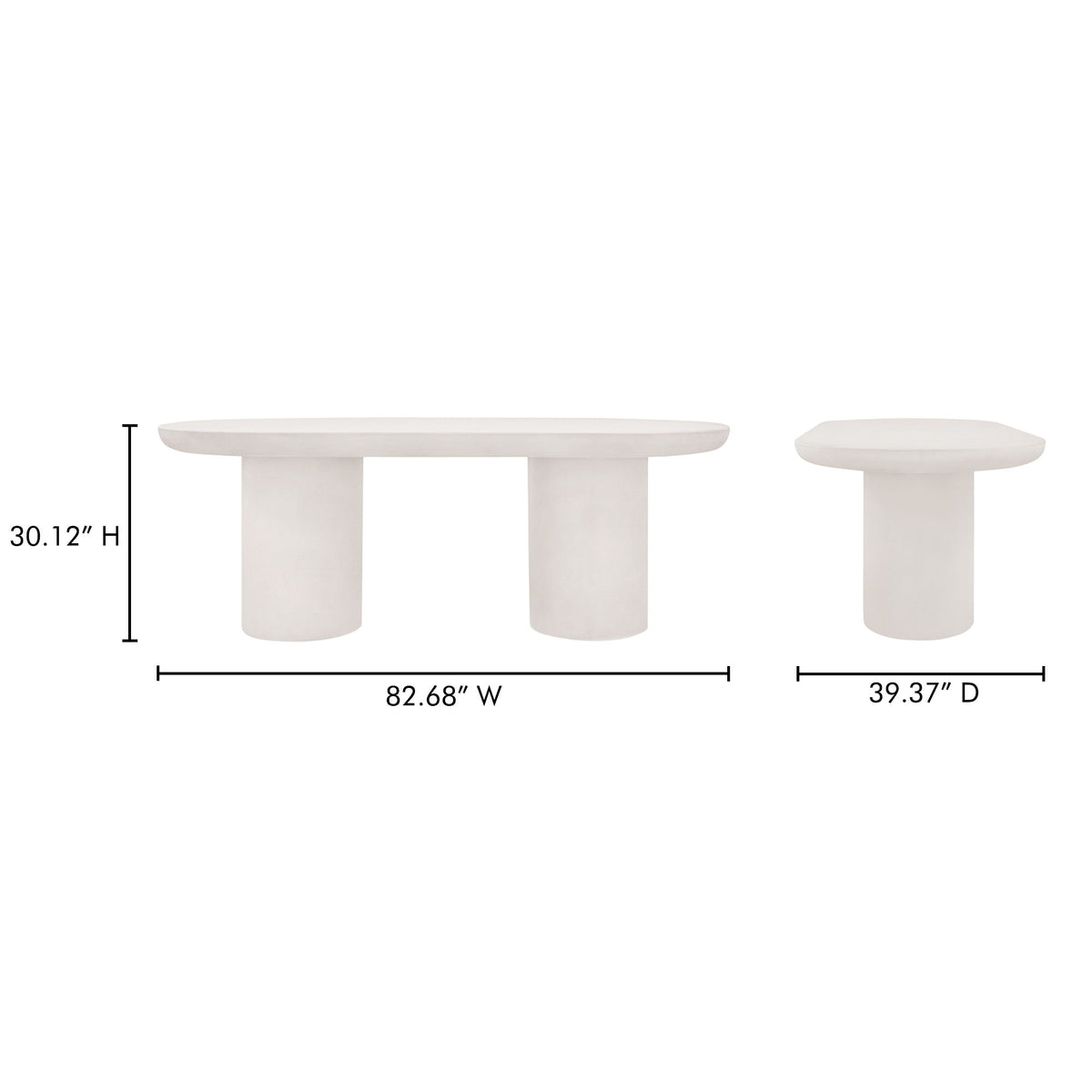 Cream oval dining table with two pedestal supports and size dimensions