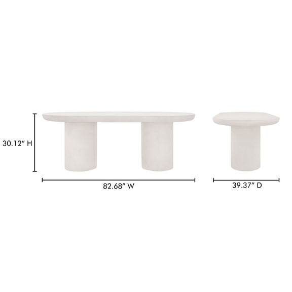 Cream oval dining table with two pedestal supports and size dimensions