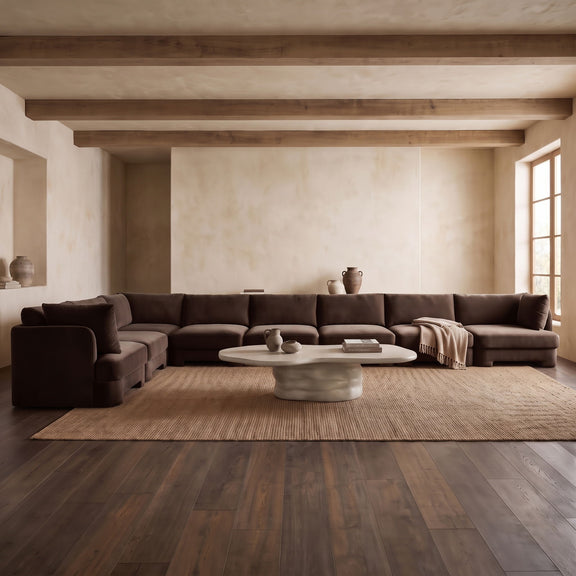 Dark brown L-shaped velvet sectional sofa with chaise lounge and low profile base