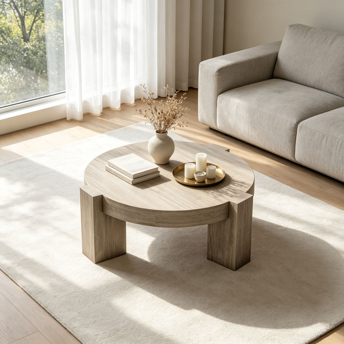 Beige round coffee table with wood-look finish, curved apron, and four legs
