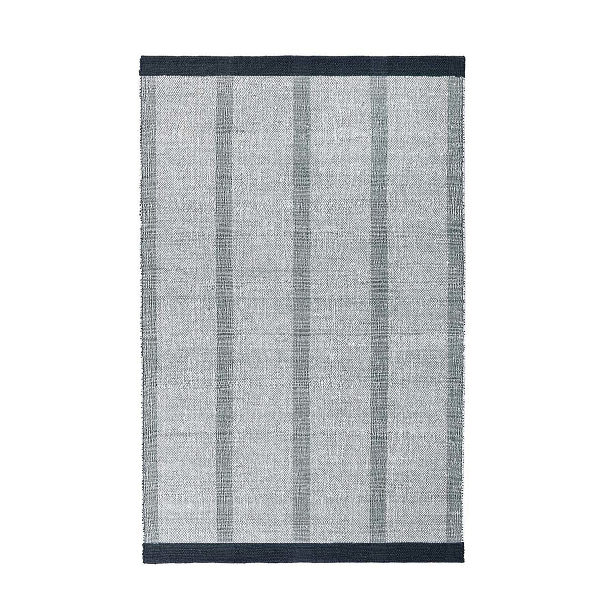 Ivory and gray striped rug with vertical muted green stripe accents and navy border.