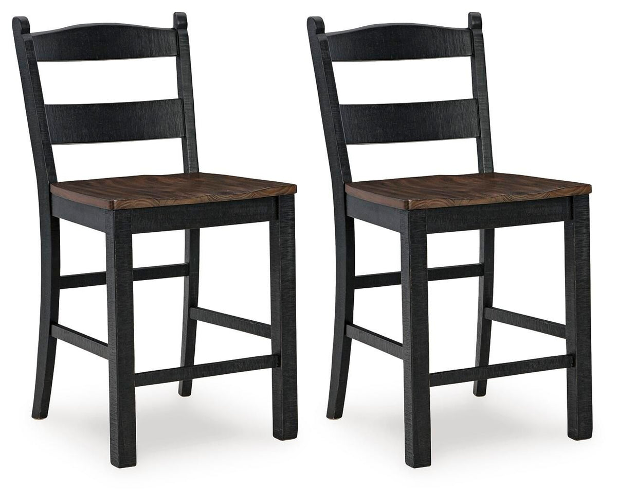 Pair of black barstools with brown seats and ladder backs, side-by-side