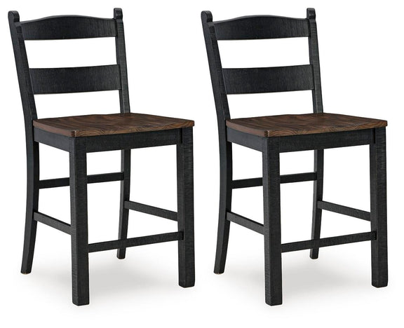 Pair of black barstools with brown seats and ladder backs, side-by-side