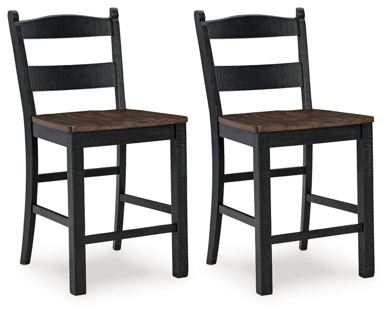 Pair of black barstools with brown seats and ladder backs, side-by-side