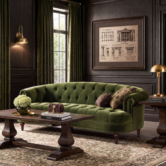 La Rosa Victorian tufted sofa, dark green, rolled arms, turned legs, nailhead trim