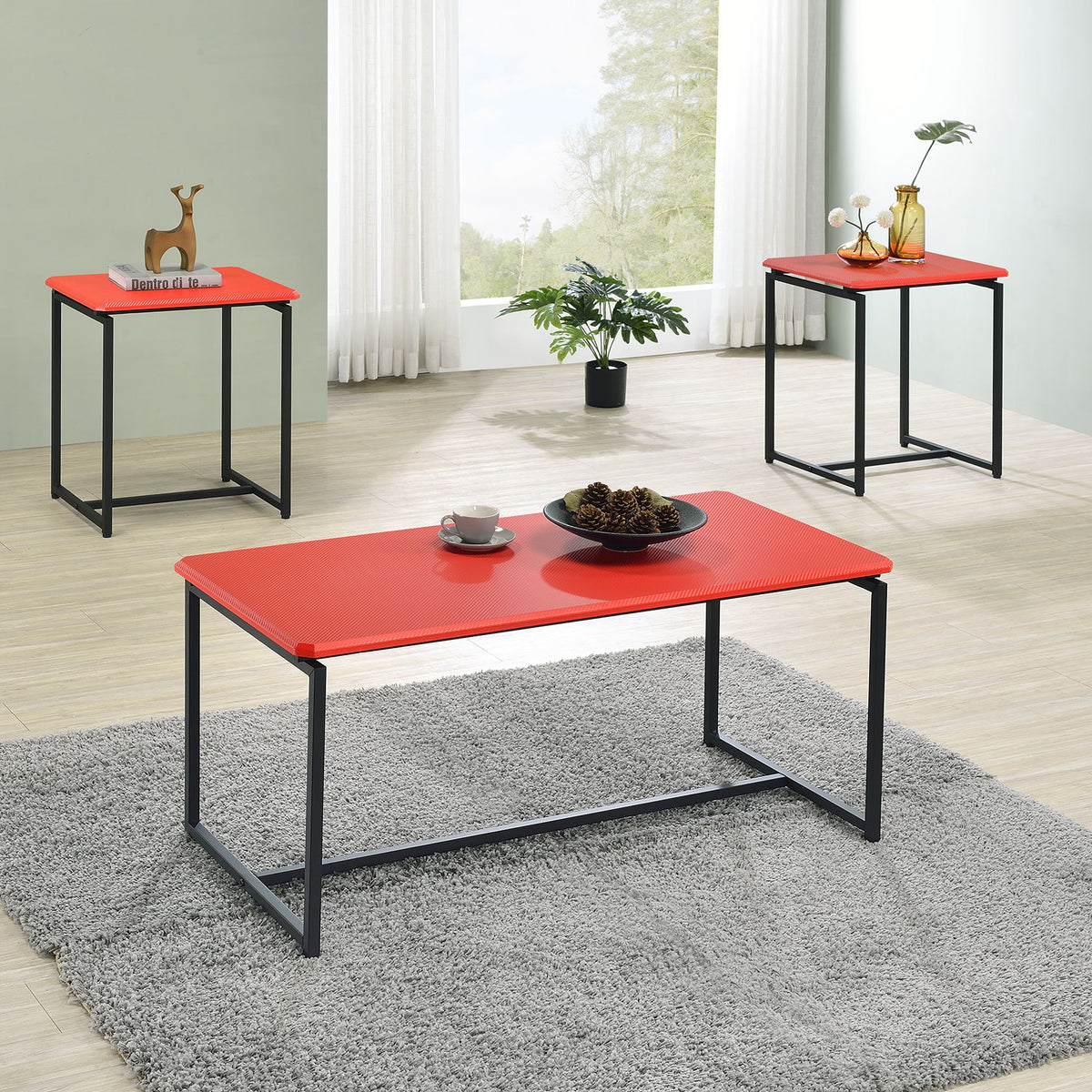 GT - 3 Piece Carbon Fiber Wrap Coffee Table And End Table (Set of 3)